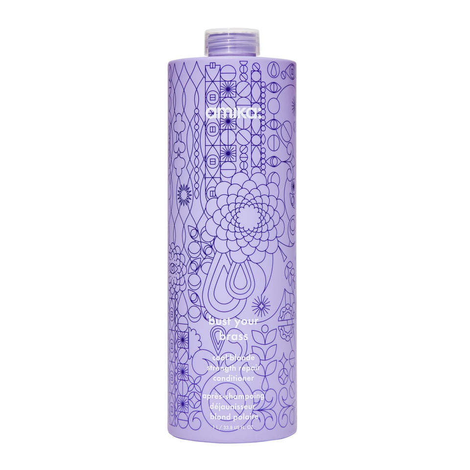 Amika bust your brass cool blonde conditioner bottle pour for controlled application and quick toning.