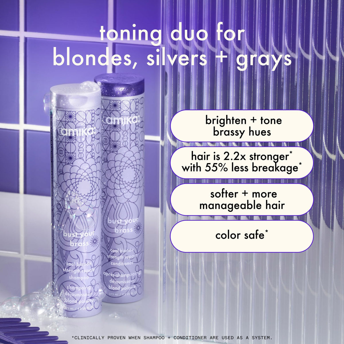 Amika bust your brass cool blonde cream texture highlights creamy formula for even coverage.