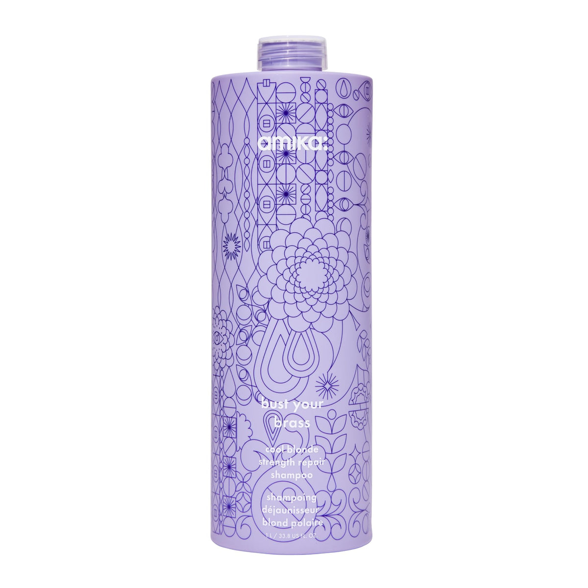 Amika Bust Your Brass Cool Blonde Shampoo bottle front showing the label and color-safe violet pigments