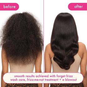 Amika Forget Frizz conditioner bottle top-view emphasizes lightweight hydration.