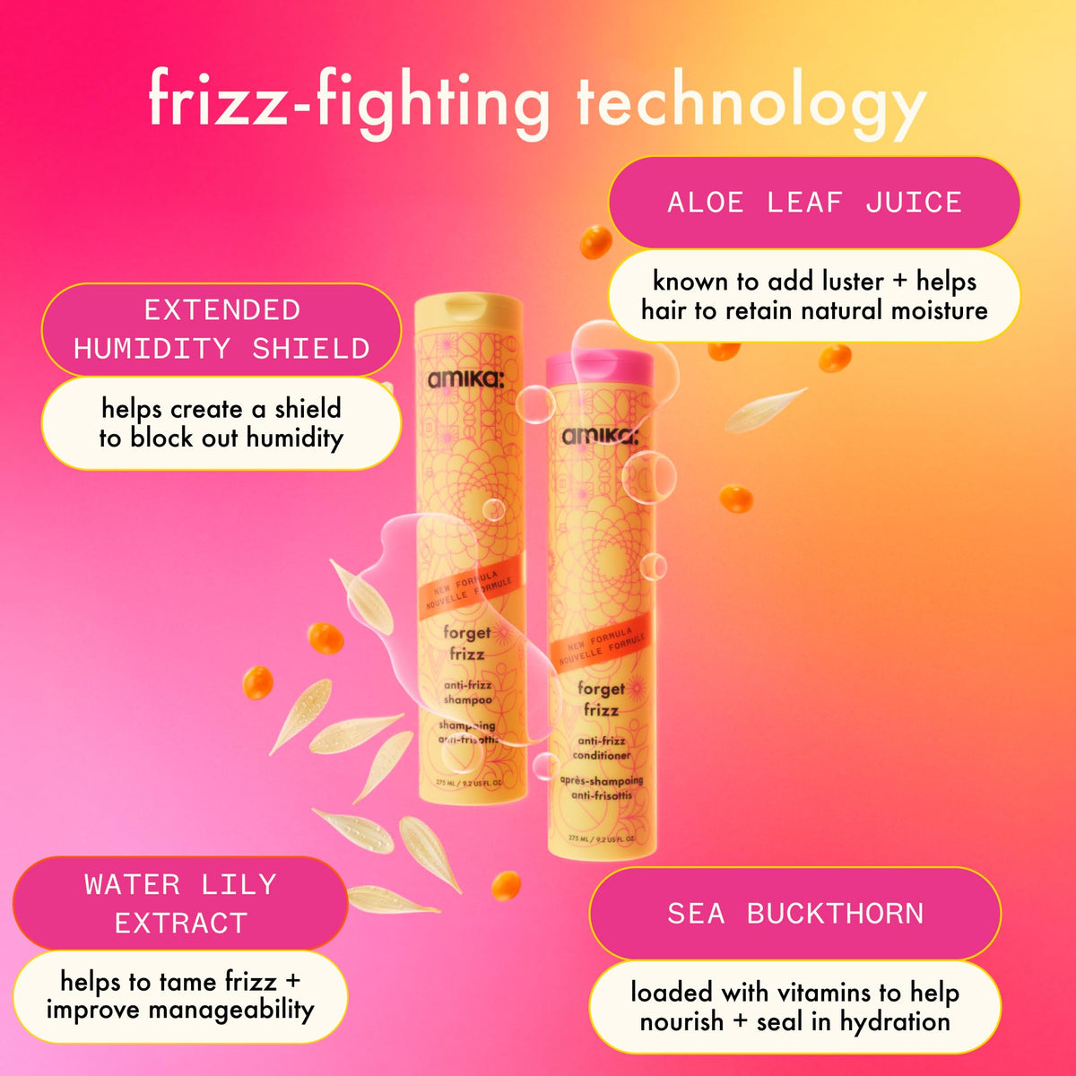 Amika Forget Frizz conditioner bottle-view shows smooth, frizz-free hair potential.