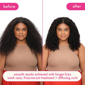 Amika Forget Frizz conditioner hair-apply close-up hints sleek results.