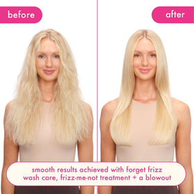 Amika Forget Frizz conditioner label close-up highlights humidity protection benefits.