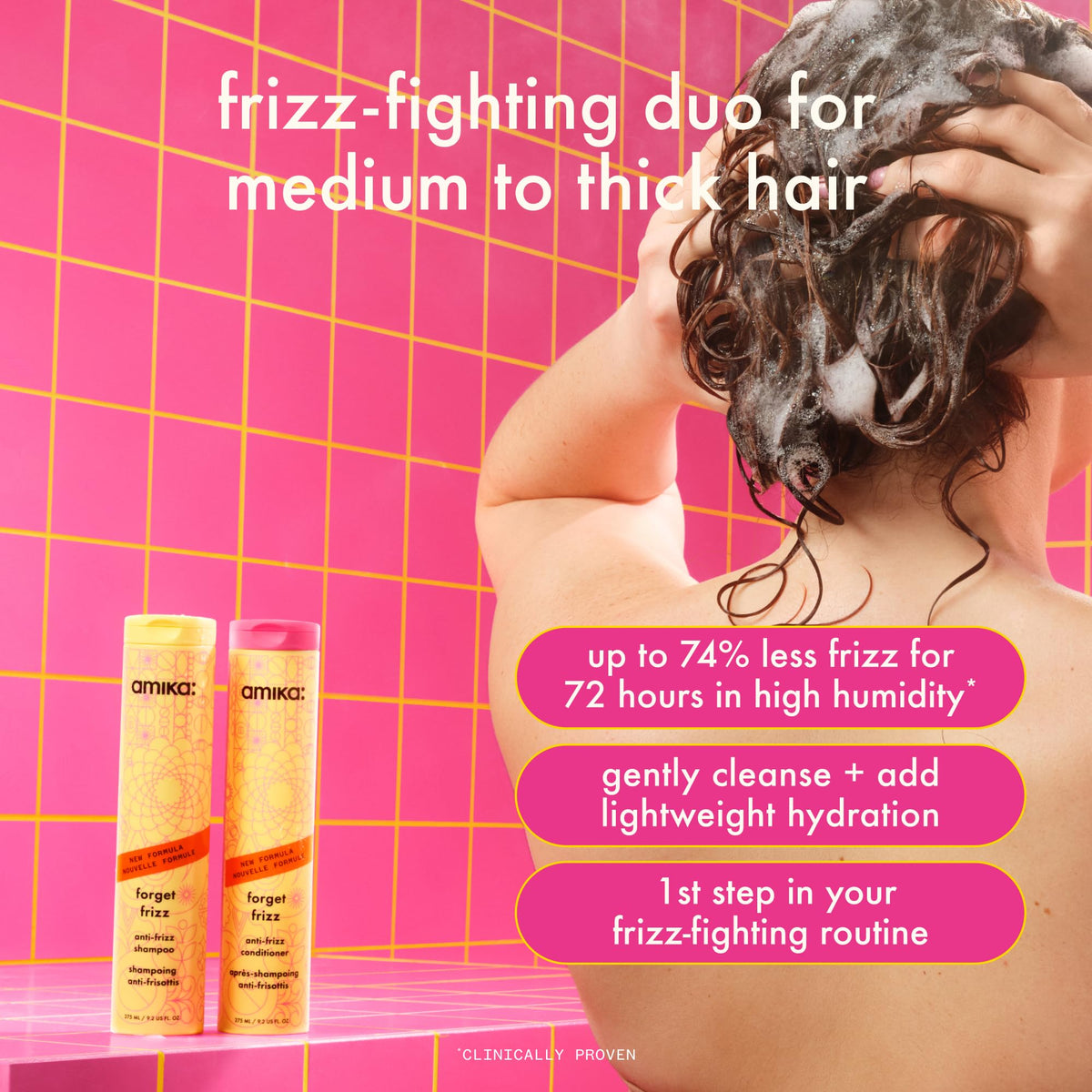 Amika Forget Frizz conditioner pump close-up shows moisture boost for smooth, manageable hair.