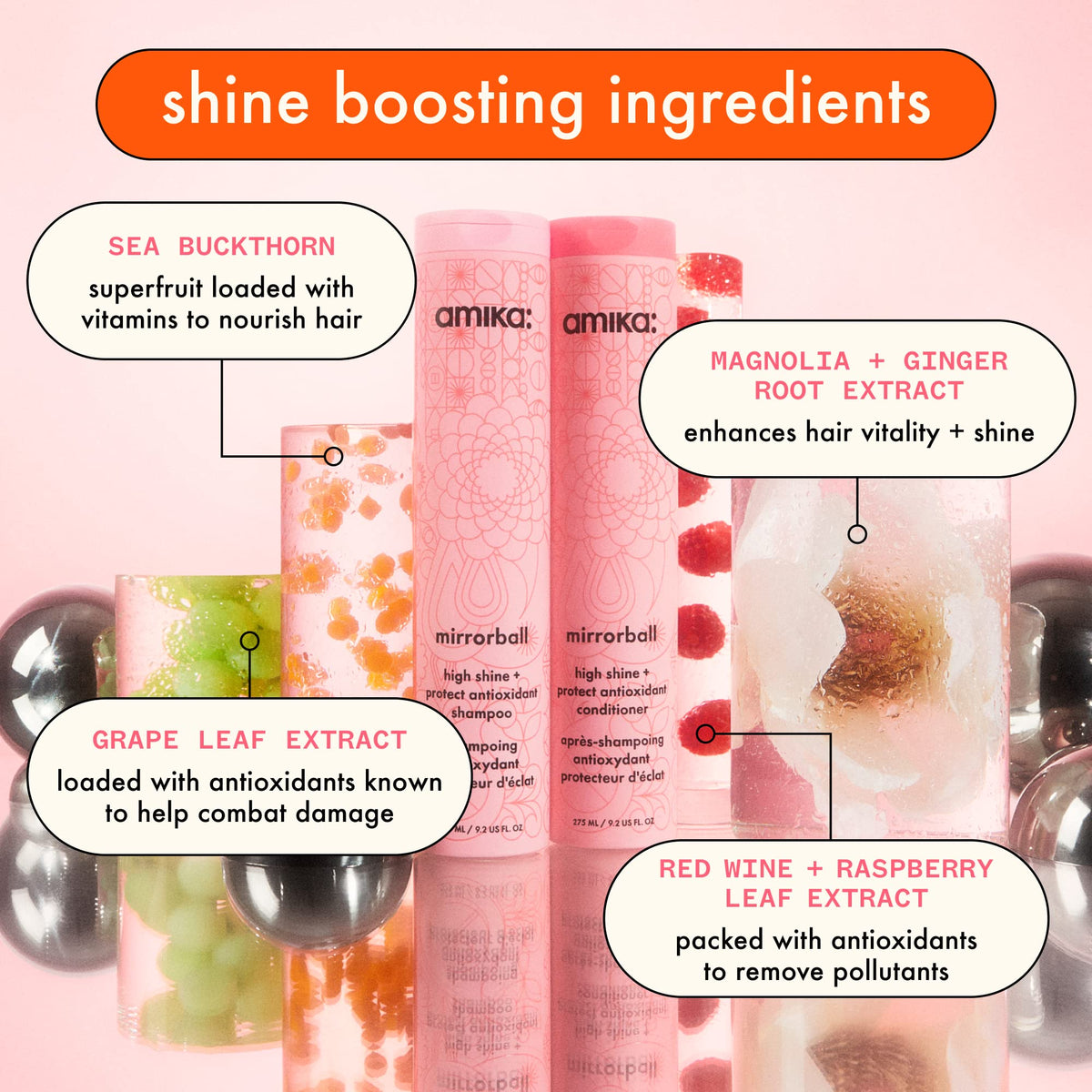 Amika Mirrorball Shampoo label detail emphasizes antioxidant formula for shine and protection