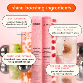 Amika Mirrorball Shampoo label detail emphasizes antioxidant formula for shine and protection