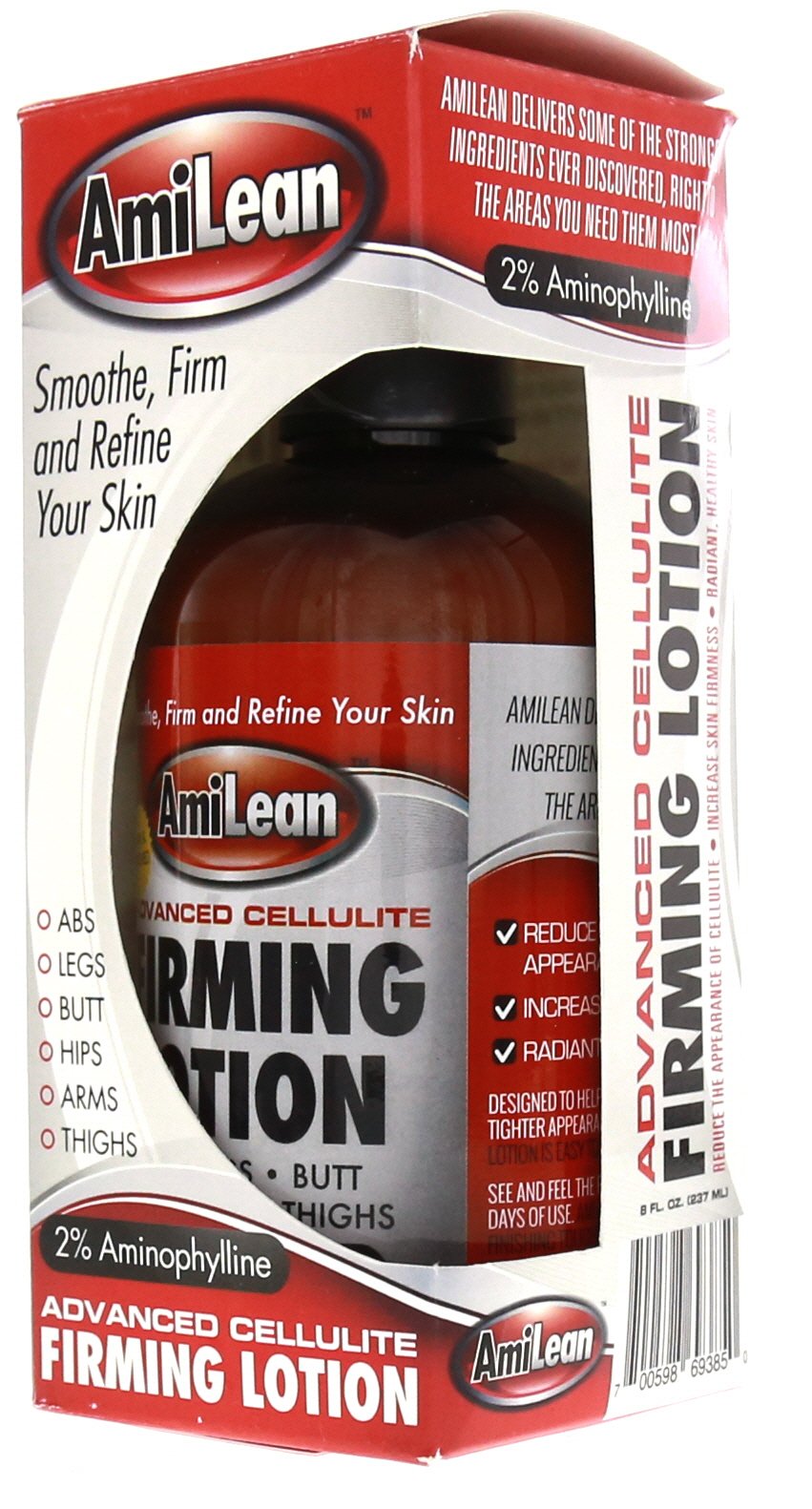 AmiLean firming lotion application shot illustrating fast absorption and a non-greasy feel.