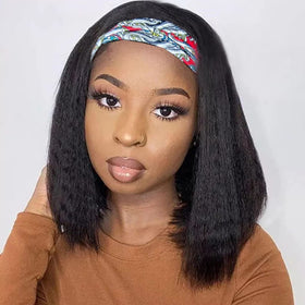 Aminow kinky straight headband wig on model shows glueless wear for quick styling