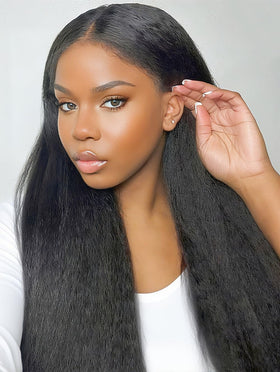 Aminow Kinky Straight Lace Front Wig shows a wide 13x6 parting area.