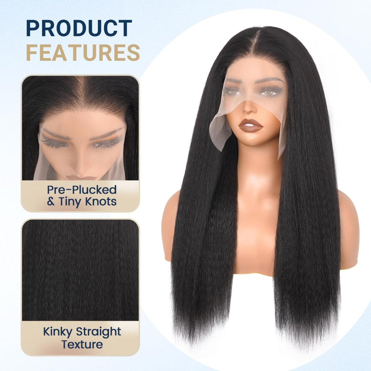Aminow Kinky Straight Lace Front Wig features a pre-plucked hairline for natural blend.