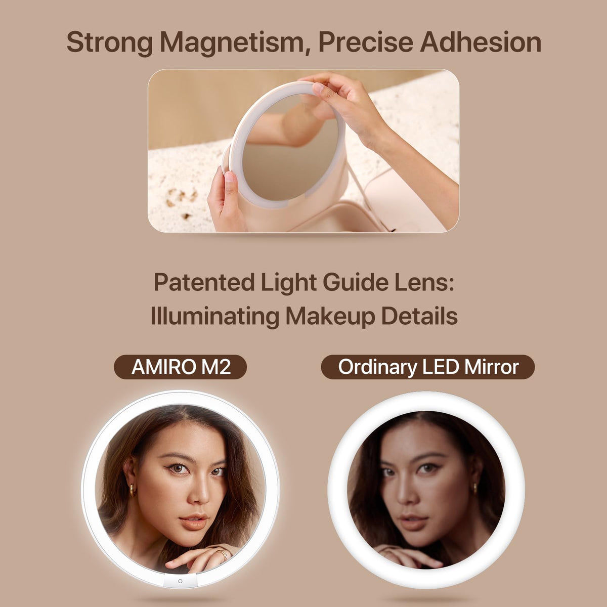 AMIRO M2 Cude LED mirror is on for precise lighting during makeup.