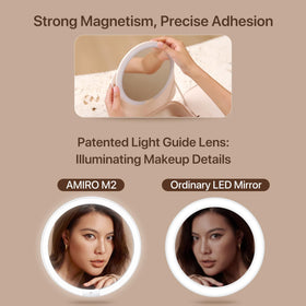 AMIRO M2 Cude LED mirror is on for precise lighting during makeup.