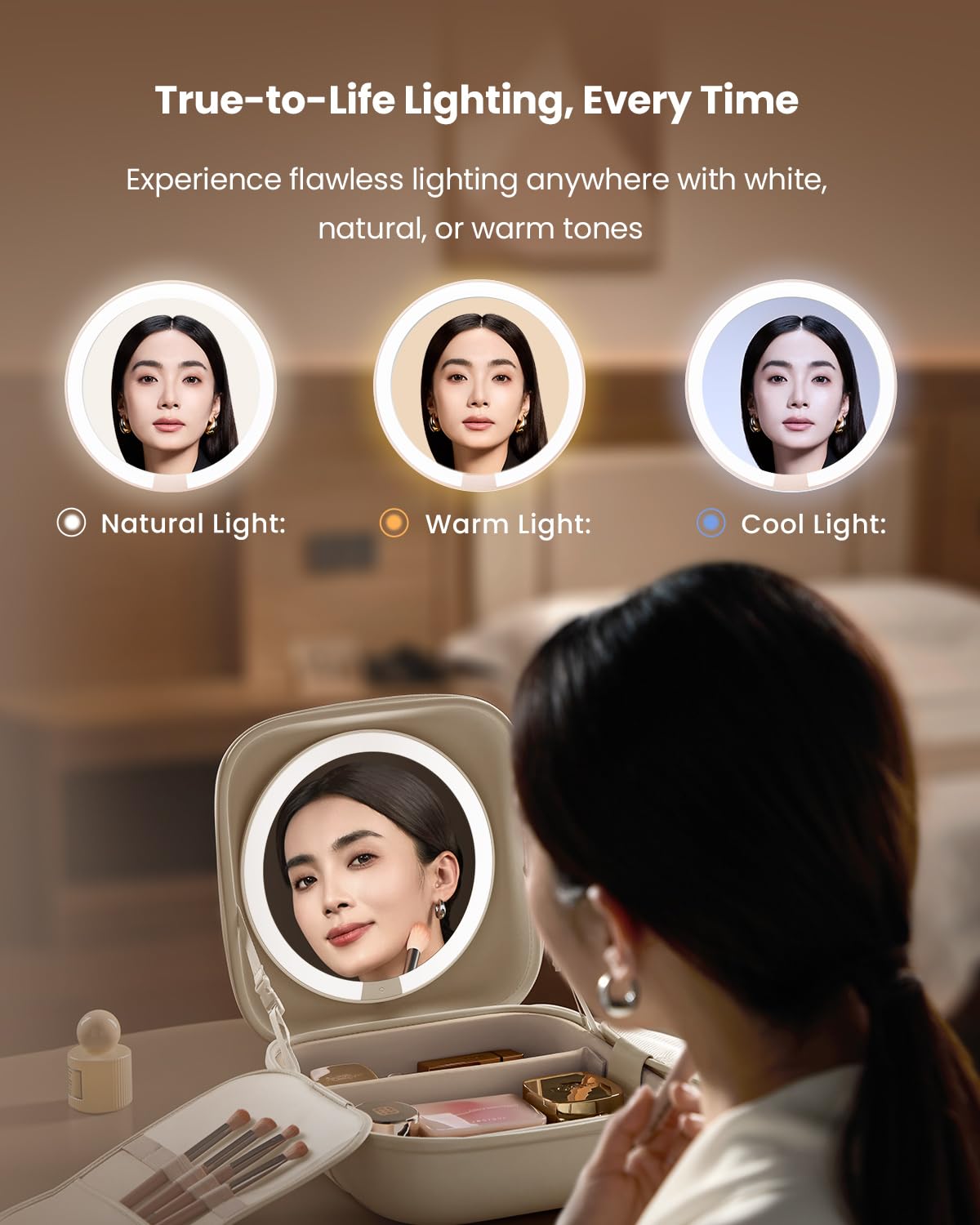 AMIRO M3 Cube 1100lux lighting with three color modes supports day-to-night makeup.