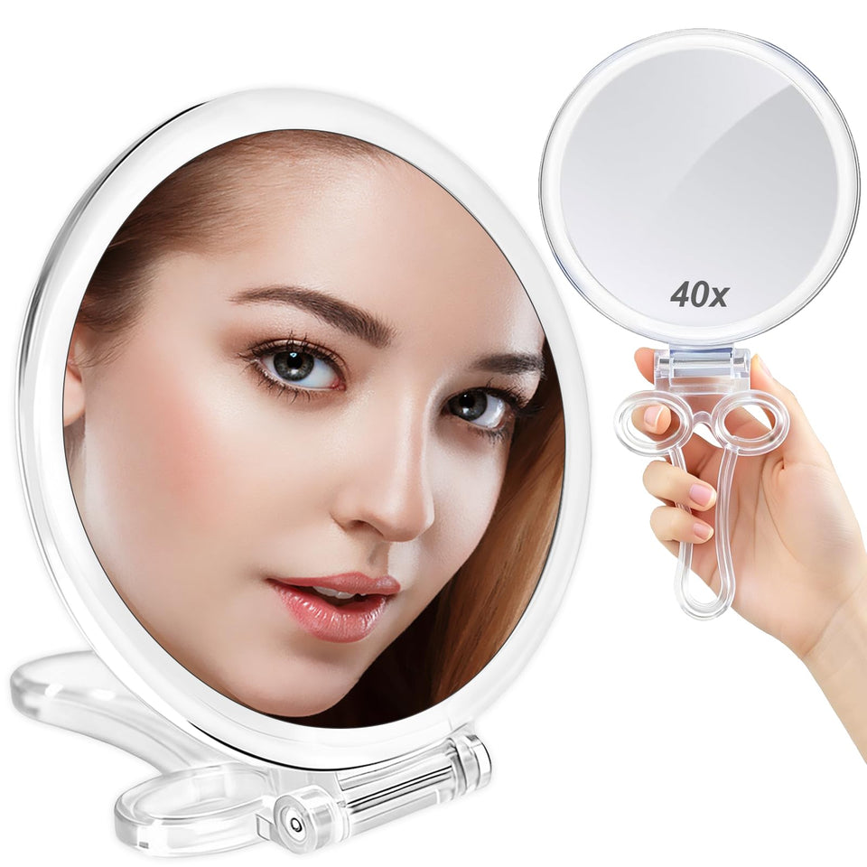 AMISCE magnifying hand mirror with 1x and 40x for precise makeup checks.