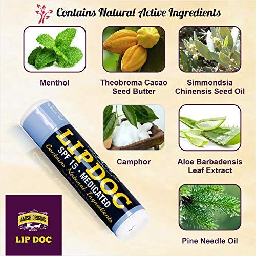 Amish Origins Lip Doc Balm application swipe: easy glide for smooth, hydrated lips all day.