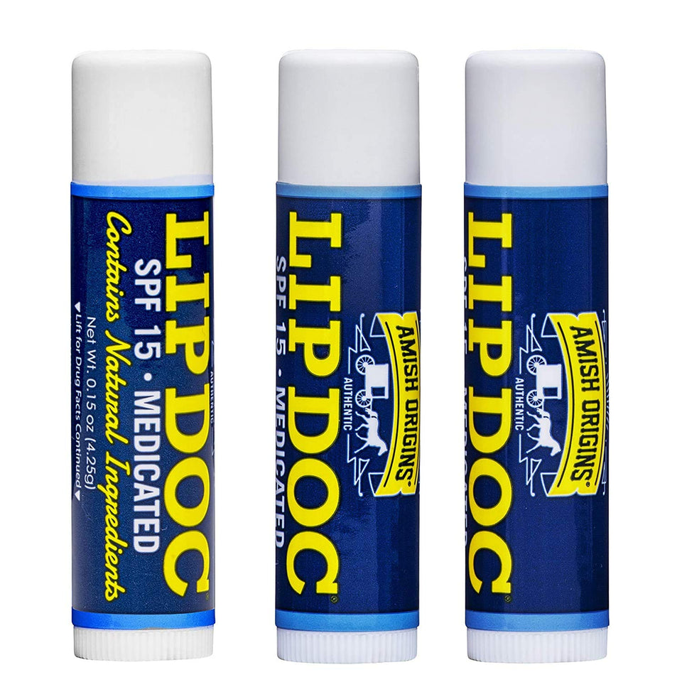 Amish Origins SPF15 Lip Doc Balm Pack: three tubes for on-the-go lip protection and moisture.