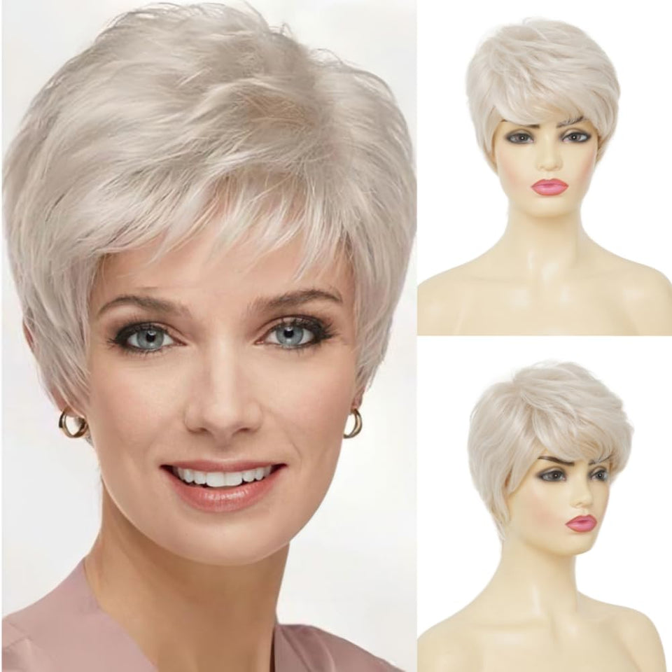 Amnenl short white pixie wig with bangs, front view for natural daily wear.