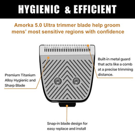 Amorka blade close-up reveals titanium-ceramic surface for a smooth, precise trim.