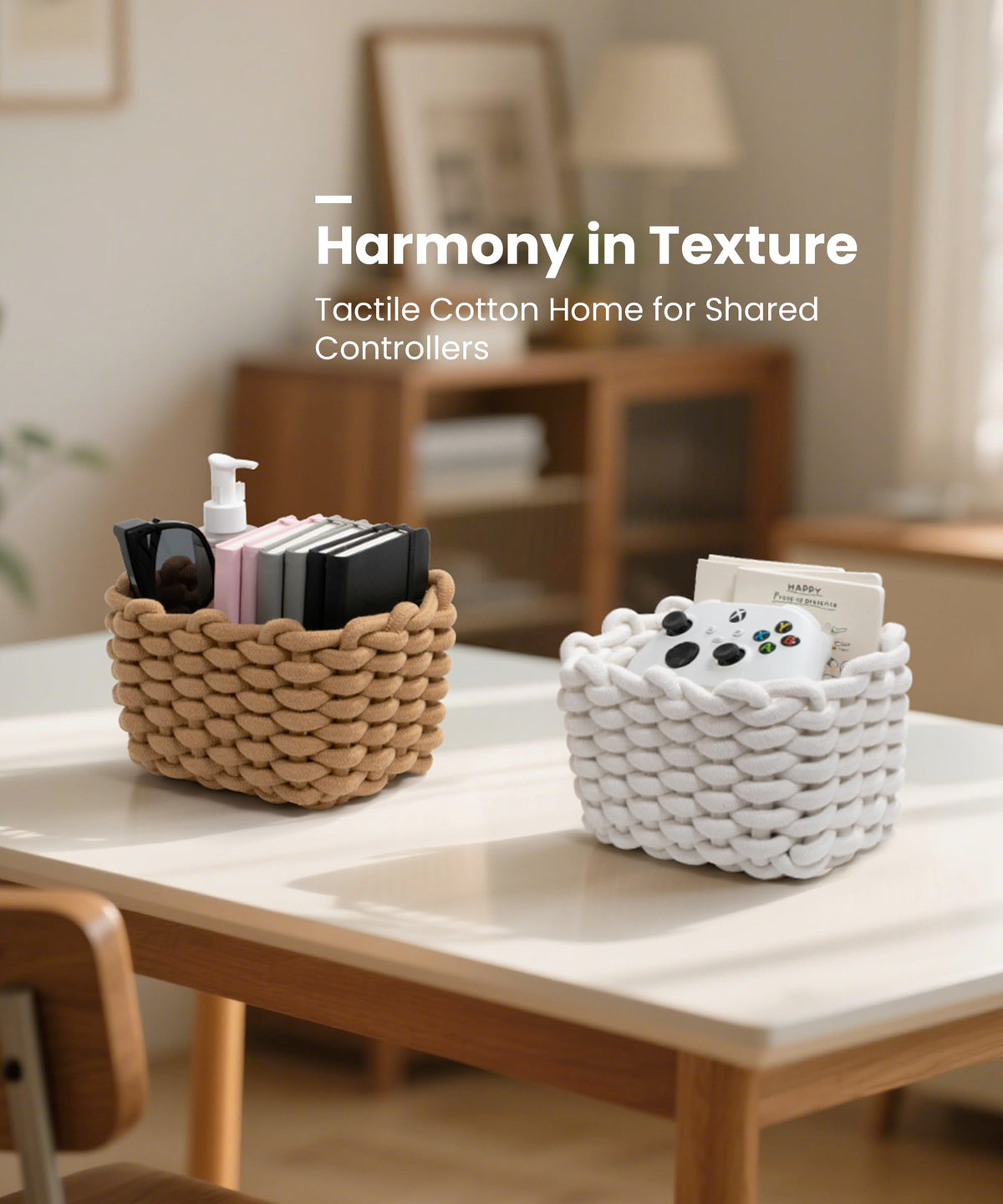 AmorousCat khaki macrame towel storage basket for towels and skincare.