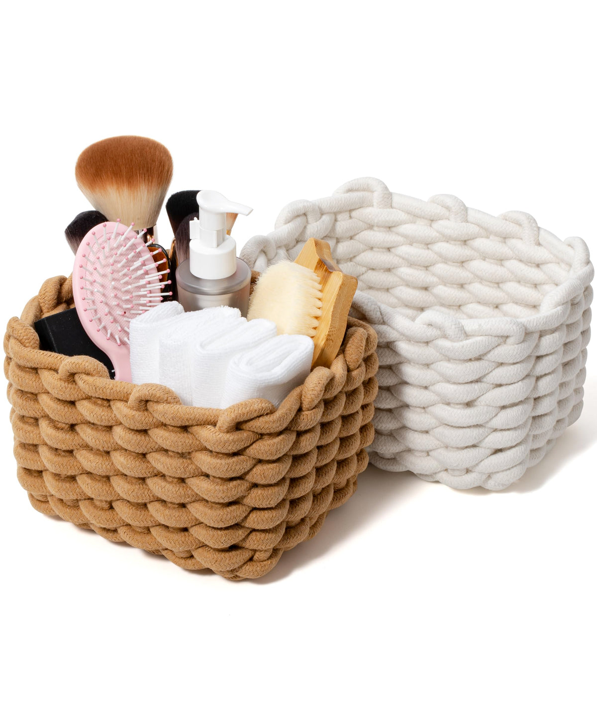 AmorousCat small macrame basket white for vanity organization and cosmetics storage.
