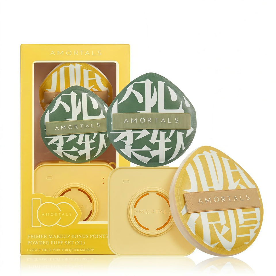 AMORTALS 2-piece sponge set in case for versatile wet and dry makeup application.