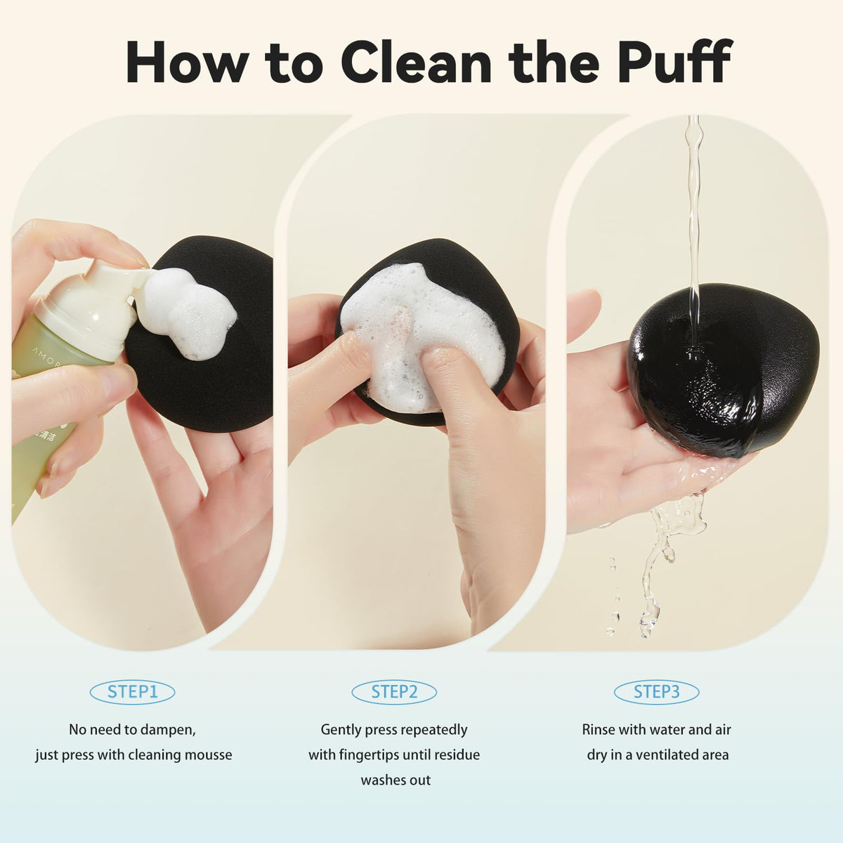 AMORTALS Puff works dry or damp for matte or dewy finishes.