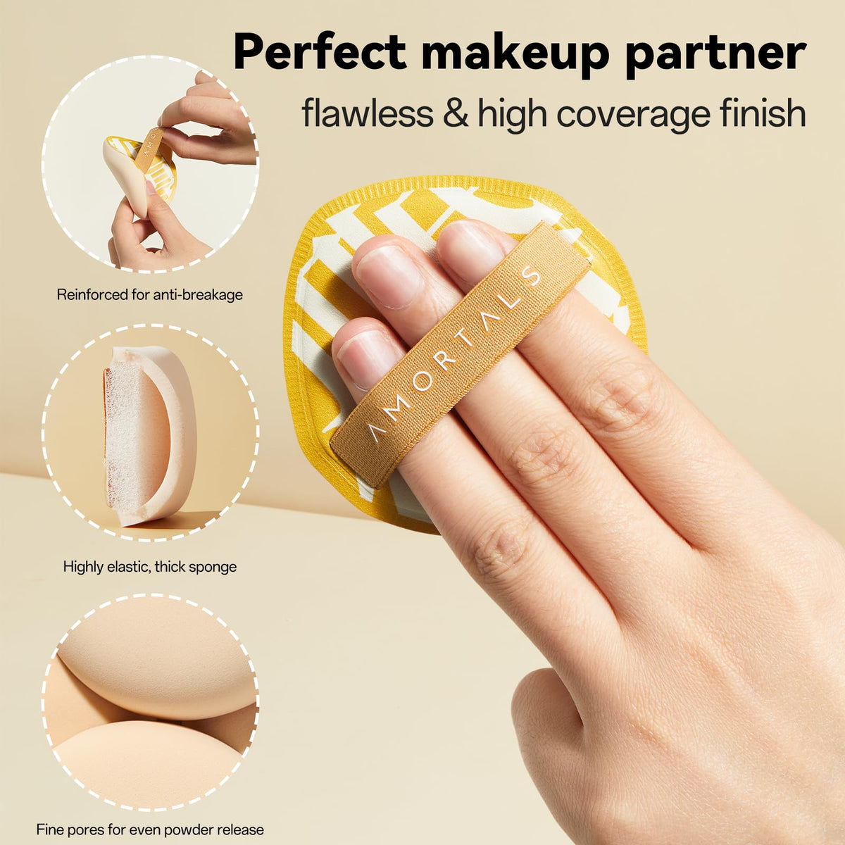 AMORTALS Liquid Makeup Puff ergonomic grip for steady blending.