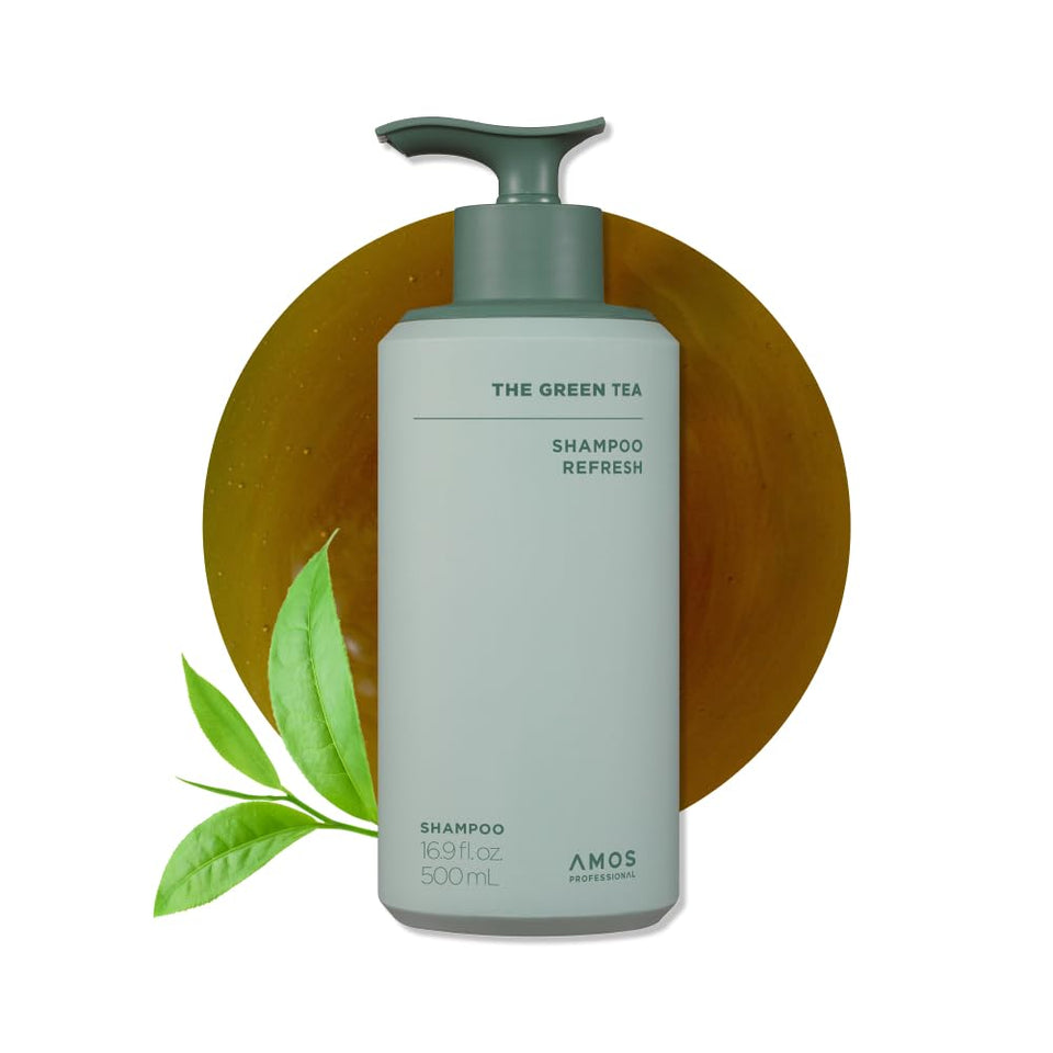 AMOS PROFESSIONAL Green Tea Shampoo bottle close-up for refreshing scalp cleansing.