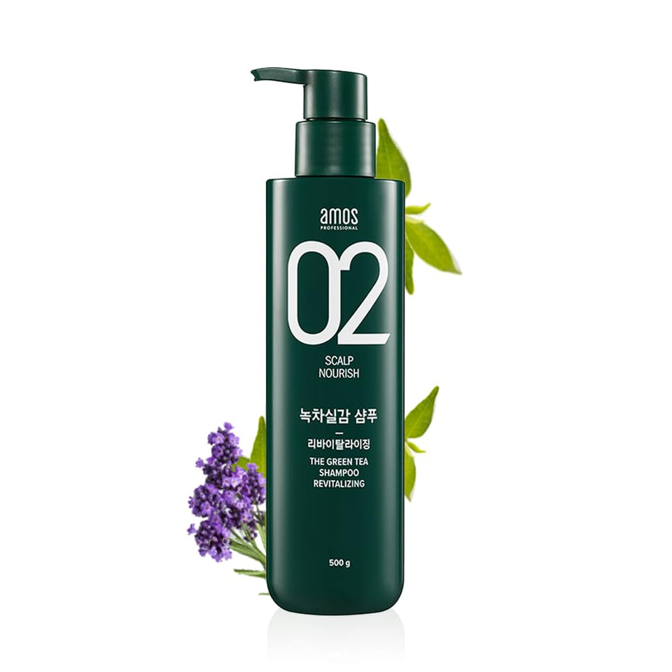 AMOS PROFESSIONAL Green Tea Shampoo Refresh bottle showing a refreshing cleanse for oily scalp