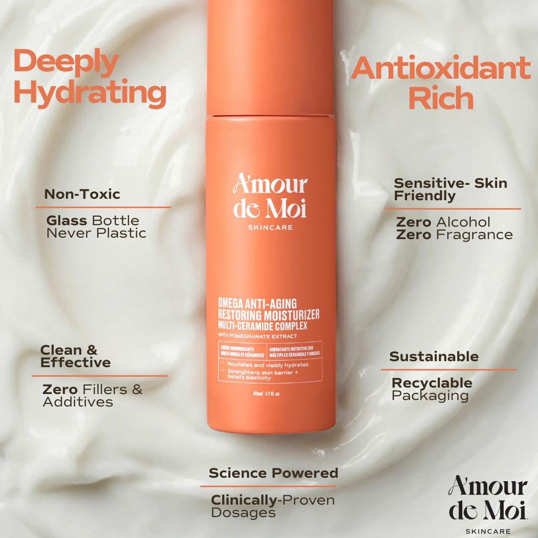 Amour De Moi ADM Omega moisturizer being applied to skin for lightweight wear.