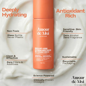 Amour De Moi ADM Omega moisturizer being applied to skin for lightweight wear.