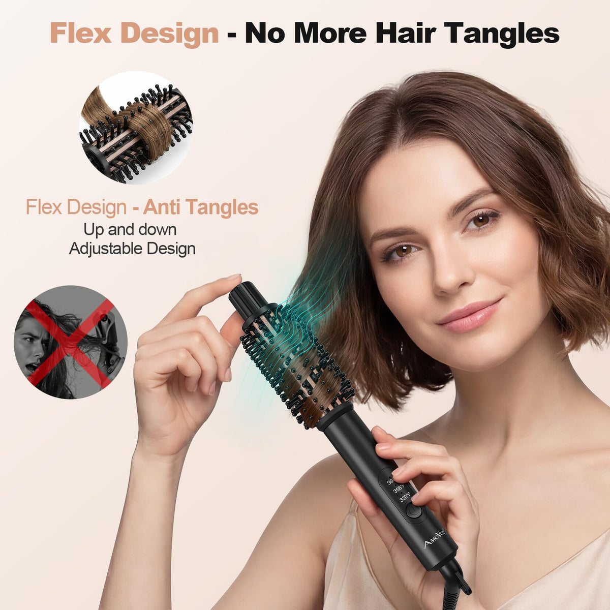 AmoVee anti-scald anti-tangle brush designed for comfortable styling