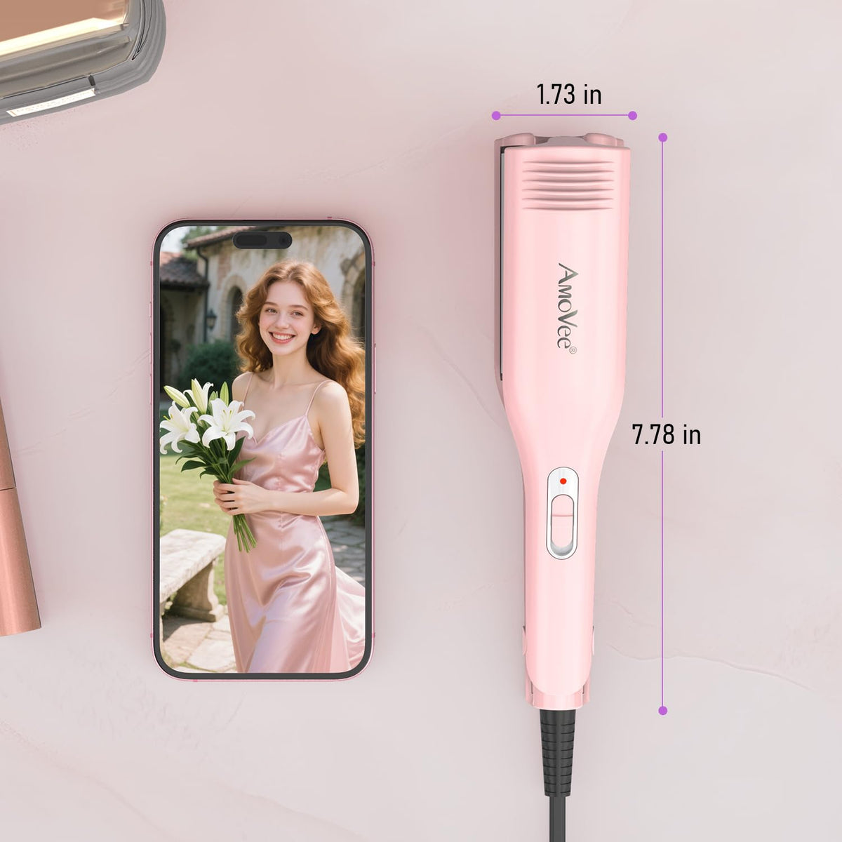 AmoVee Crimper with tourmaline ceramic coating highlights hair protection and shine