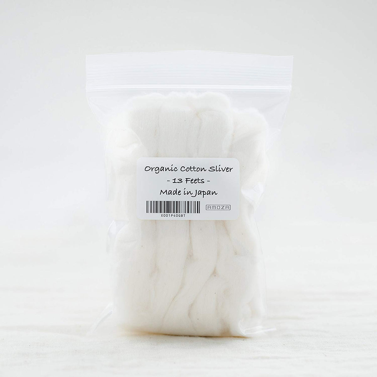 AMOZA 13ft cotton sliver pack shows natural unbleached fibers ideal for eco-friendly textiles