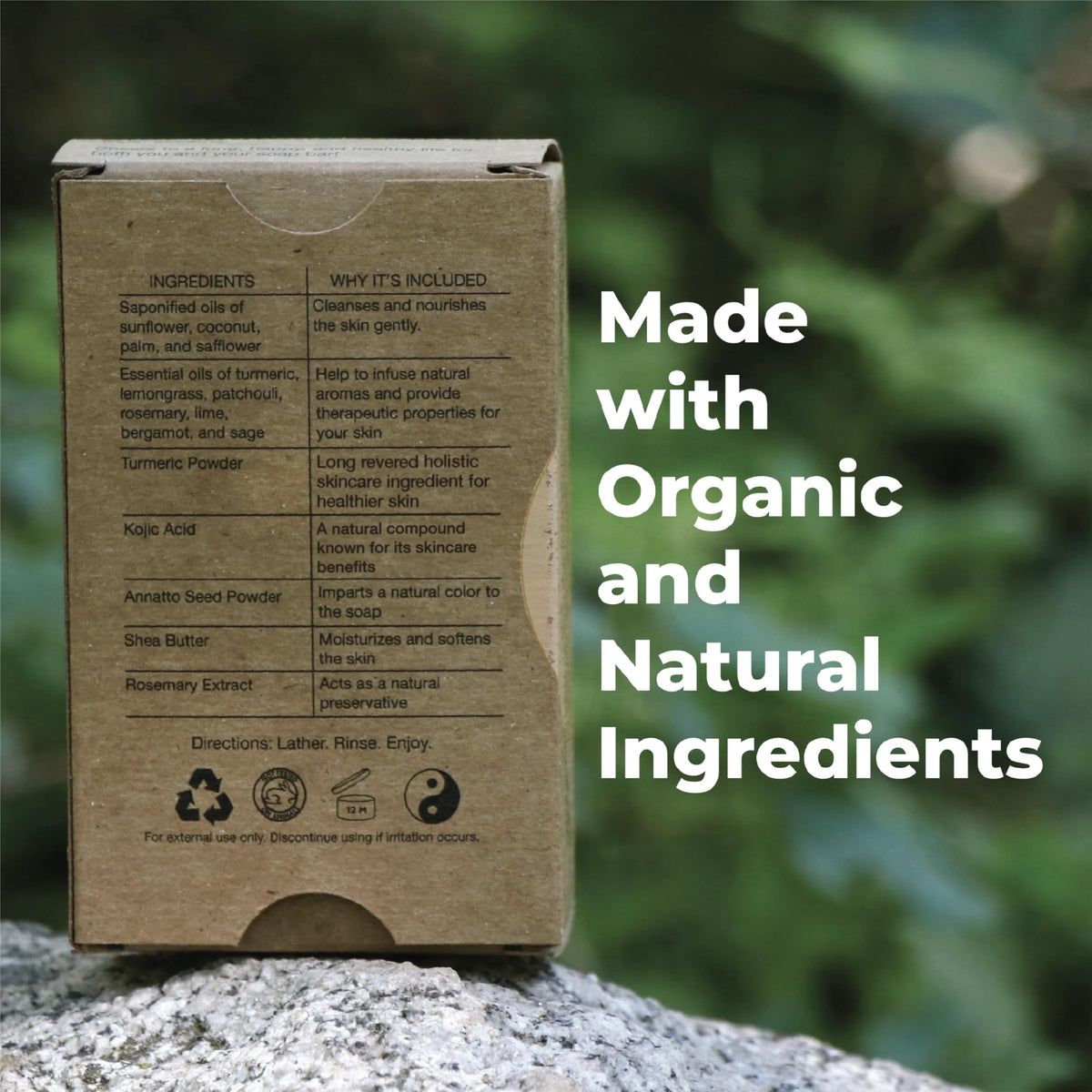 Amphibian Organics turmeric kojic soap bar uses turmeric, kojic acid, and natural oils