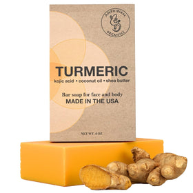Amphibian Organics turmeric kojic soap bar packaging highlights artisanal USA craftsmanship for skincare
