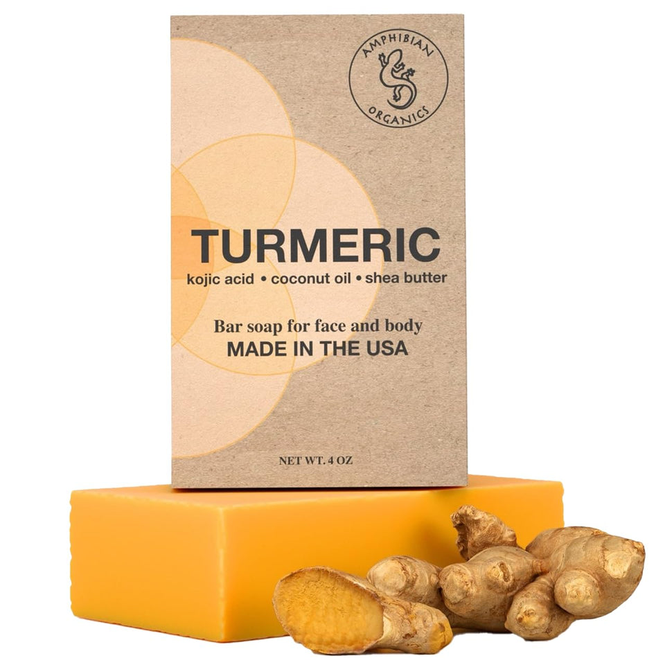 Amphibian Organics turmeric kojic soap bar packaging highlights artisanal USA craftsmanship for skincare
