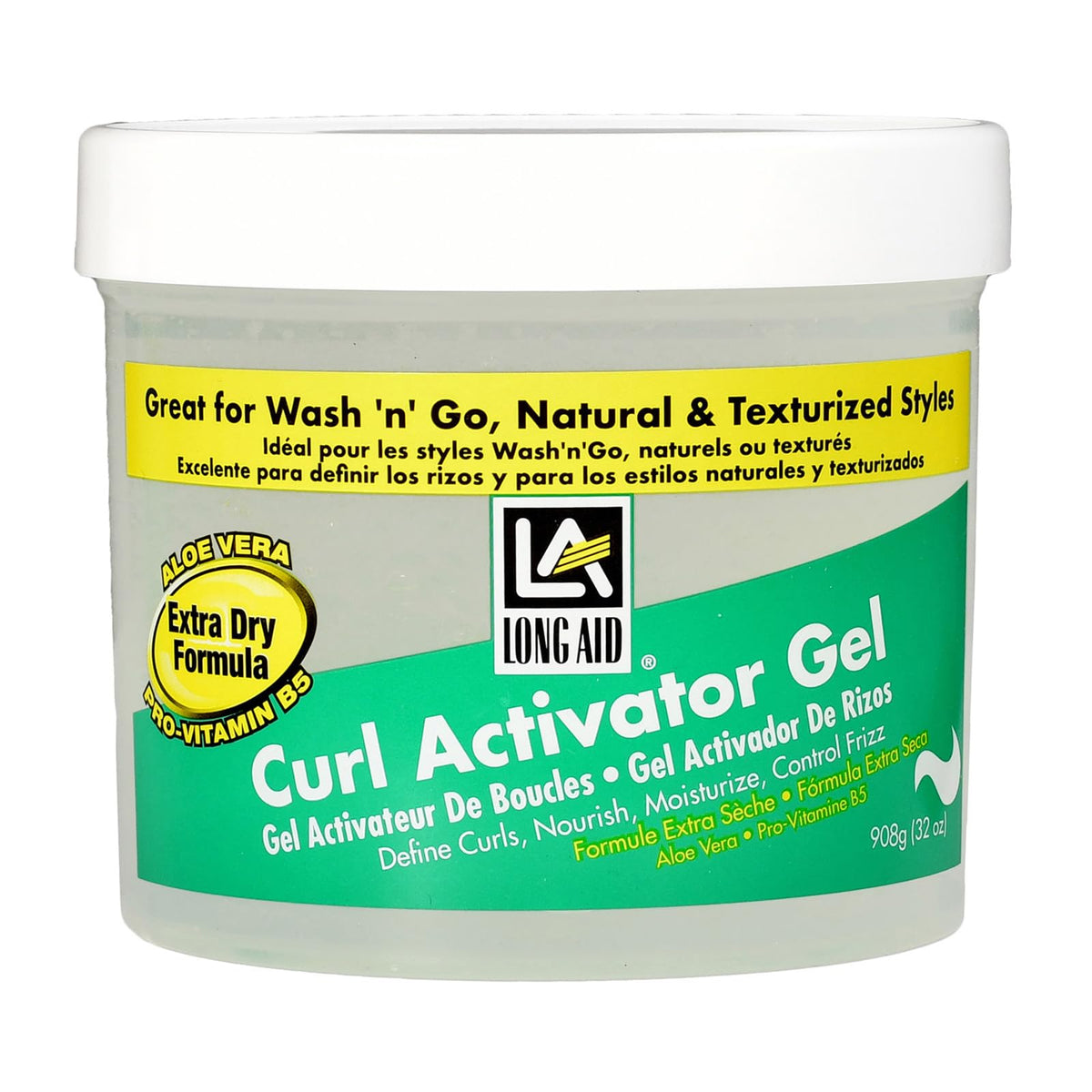 AmPro Long-Aid Activator Gel bottle emphasizes moisture for dry, defined curls.