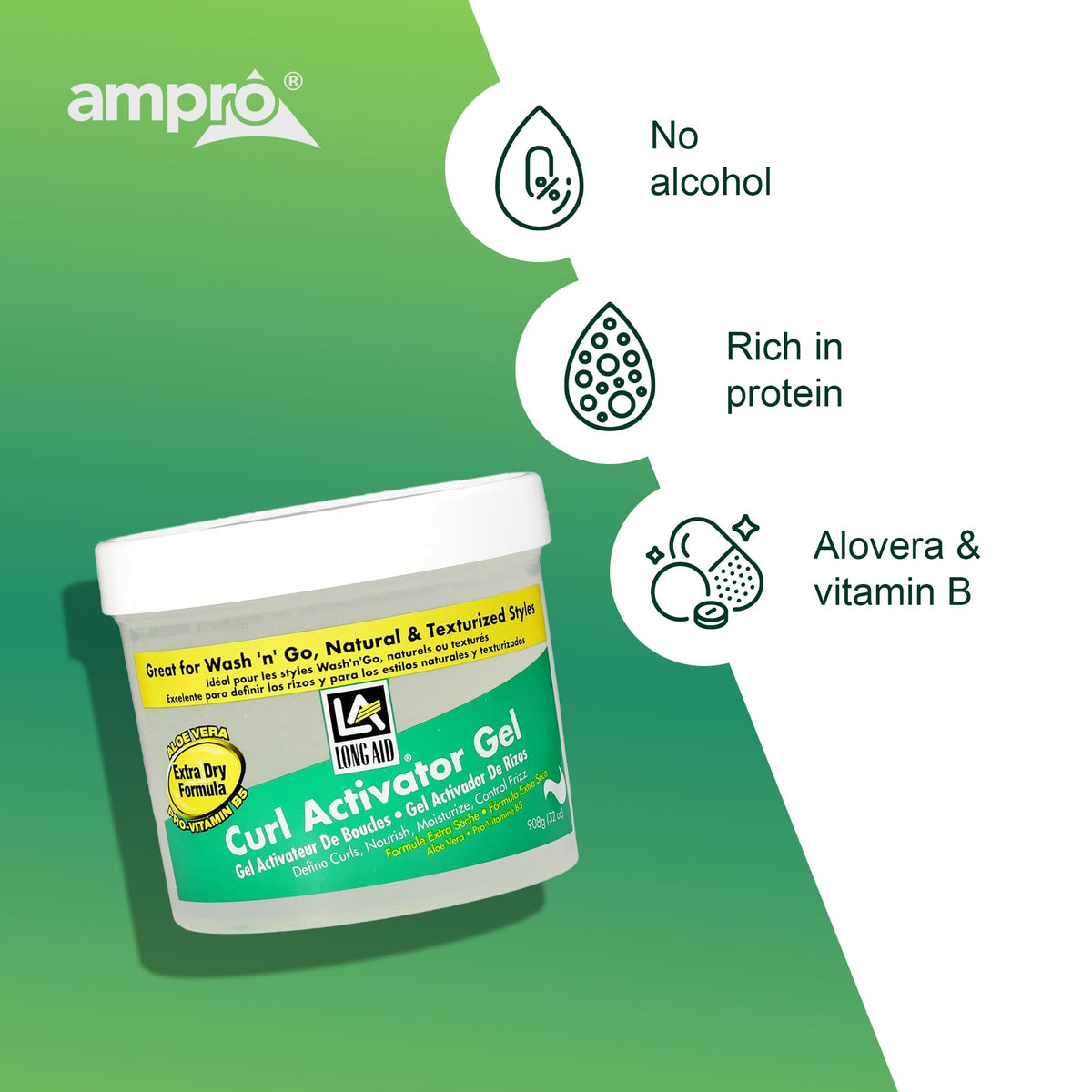 Styled curls with AmPro Long-Aid Activator Gel for natural definition.