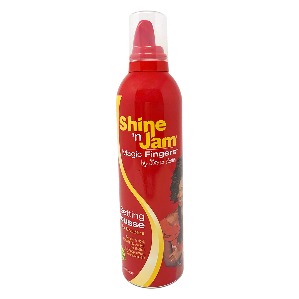 AmPro Shine-N-Jam mousse bottle close-up showing conditioning formula for smooth braids.