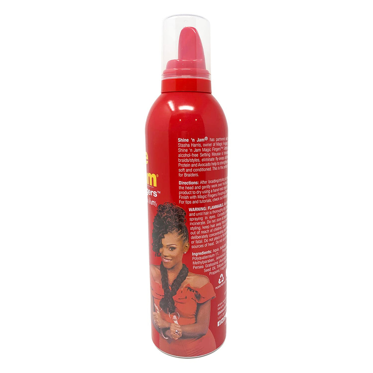 AmPro Shine-N-Jam mousse on braids demonstrating extra hold for long-lasting styles.