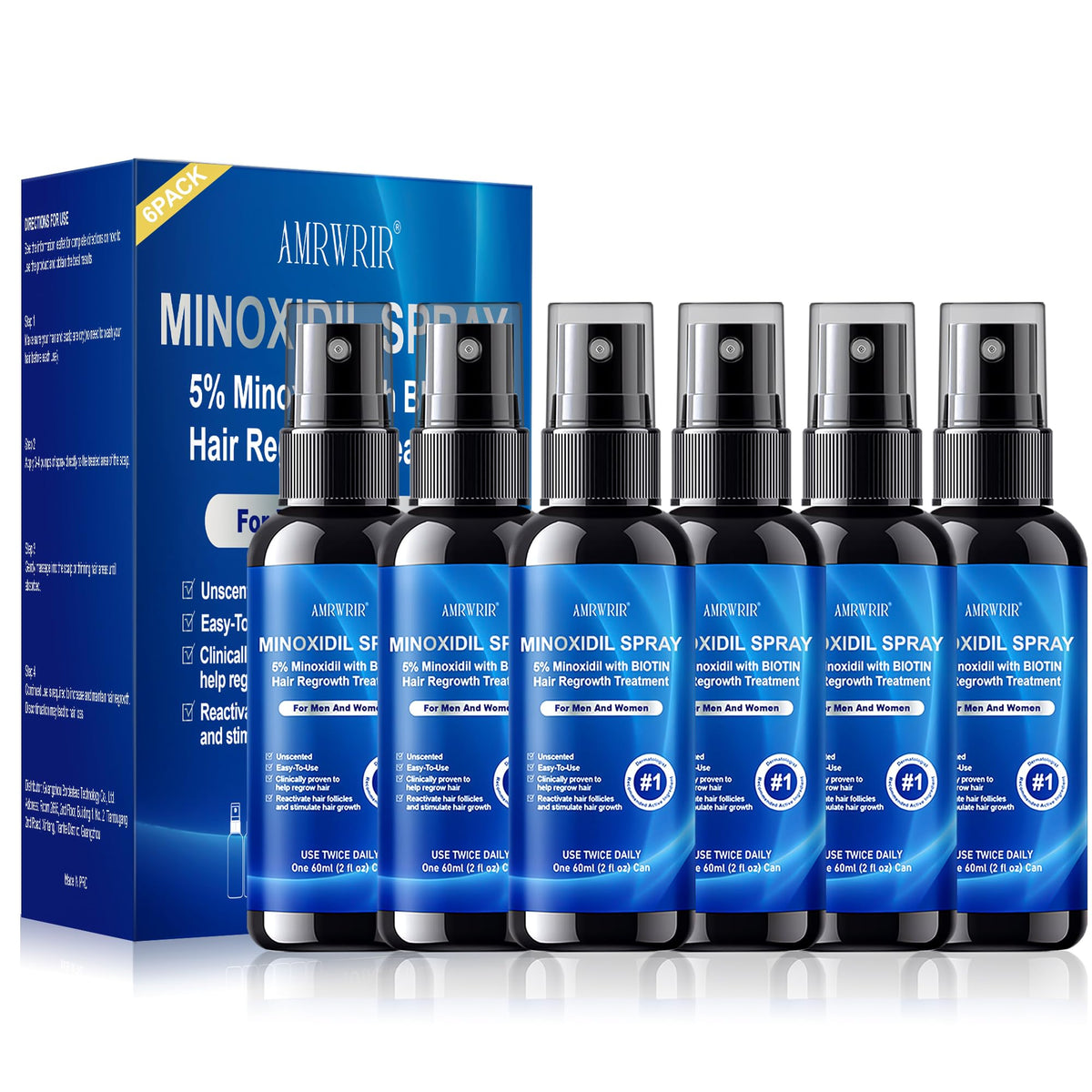 AMRWRIR 5% Minoxidil spray bottle for easy scalp application and fuller hair.