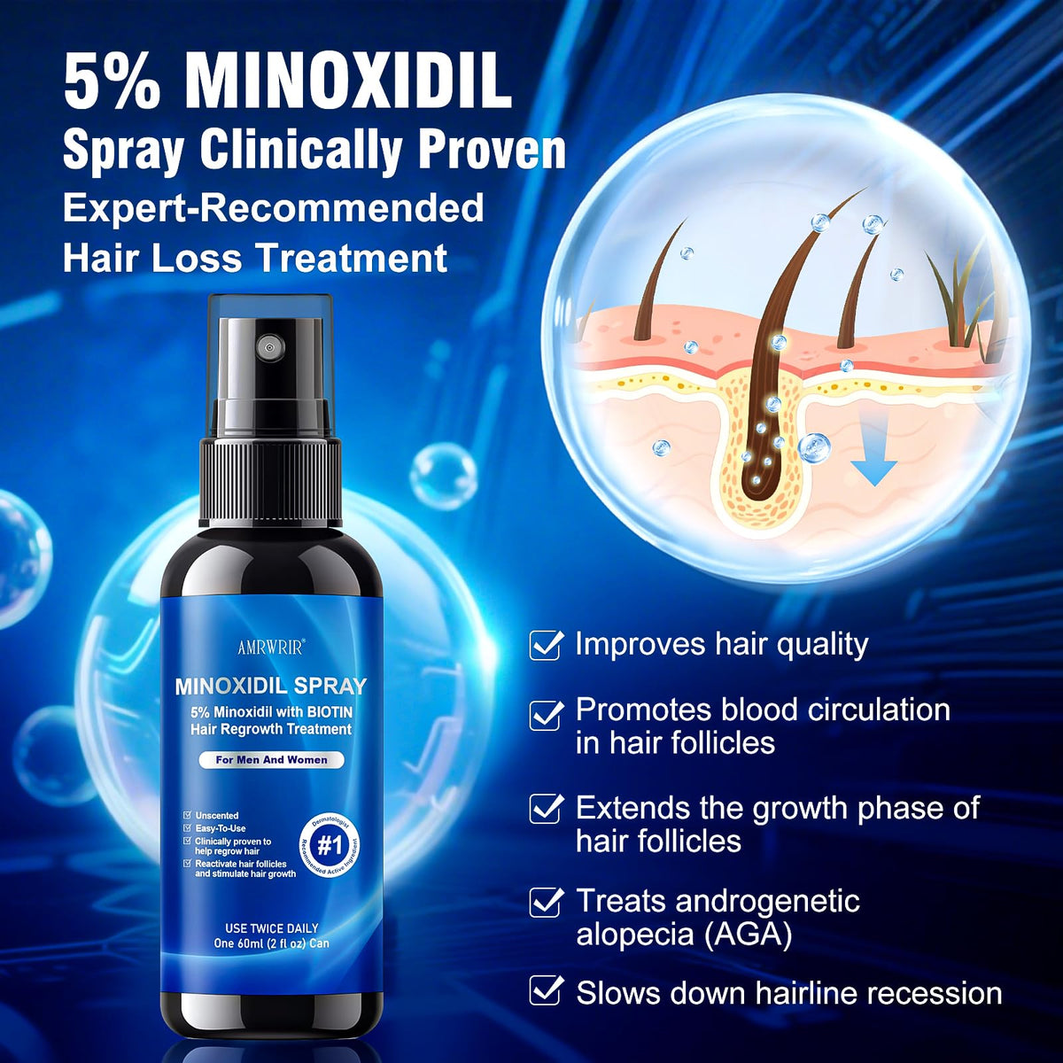AMRWRIR hair growth serum application shows targeted use for thinning areas.