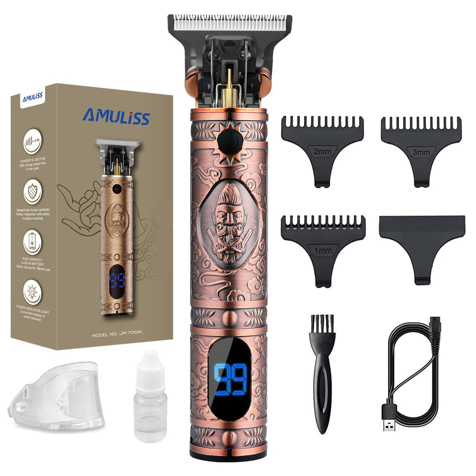 AMULISS Professional Hair Trimmer packaging showcases cordless design for home grooming.