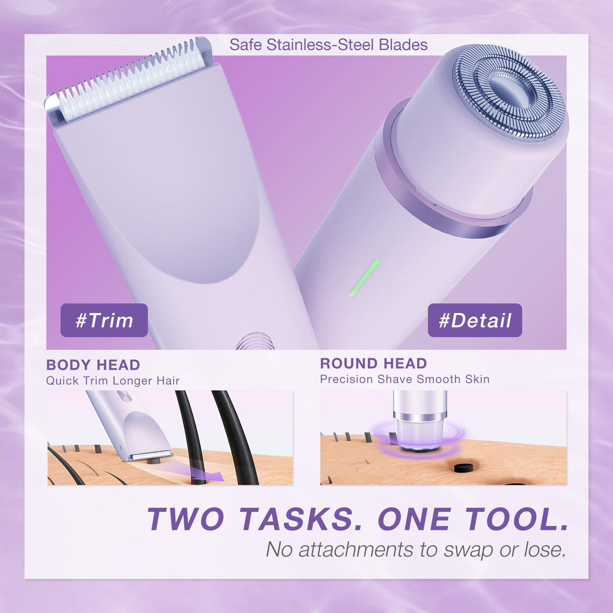 AMURS bikini trimmer rounded head enables precise bikini line touch-ups.