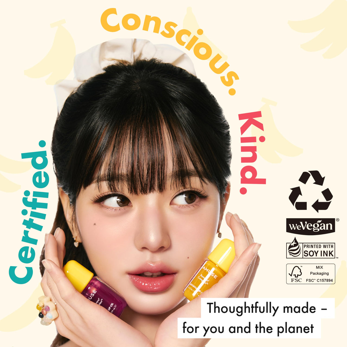 Banana-derived ingredients graphic highlights vitamins for lips with Amuse.