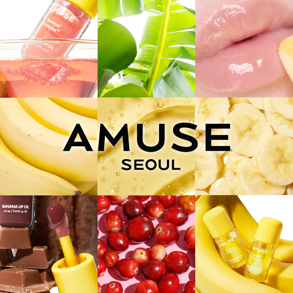 Packaging box of Amuse Banana Lip Oil emphasizes vegan formula.