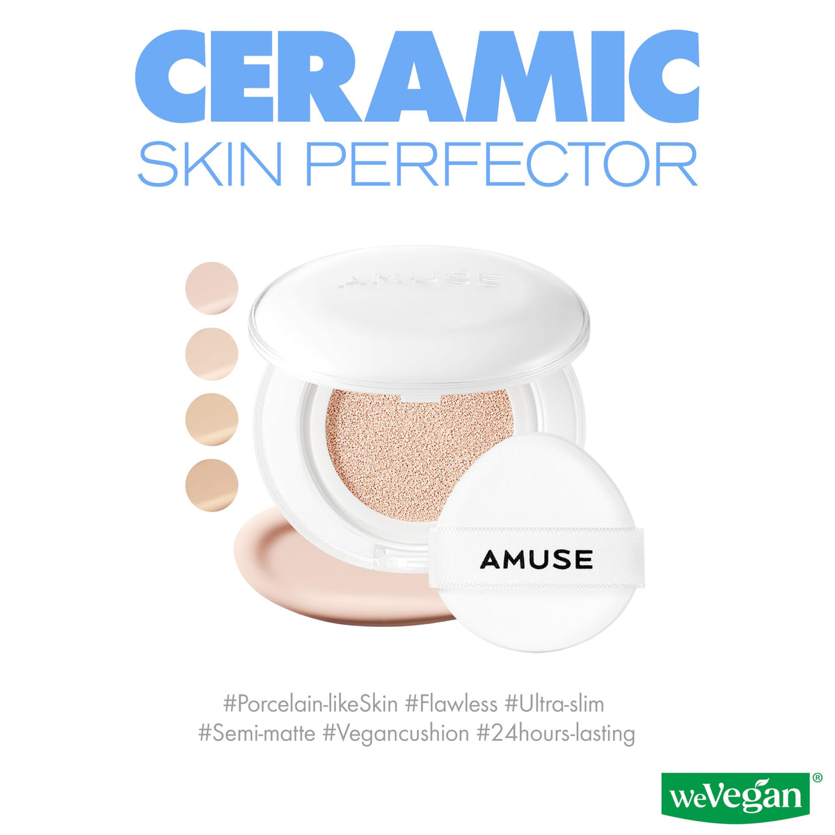 Close-up of Amuse Seoul cushion foundation; porcelain shade and even coverage for a refined look.