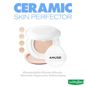 Close-up of Amuse Seoul cushion foundation; porcelain shade and even coverage for a refined look.
