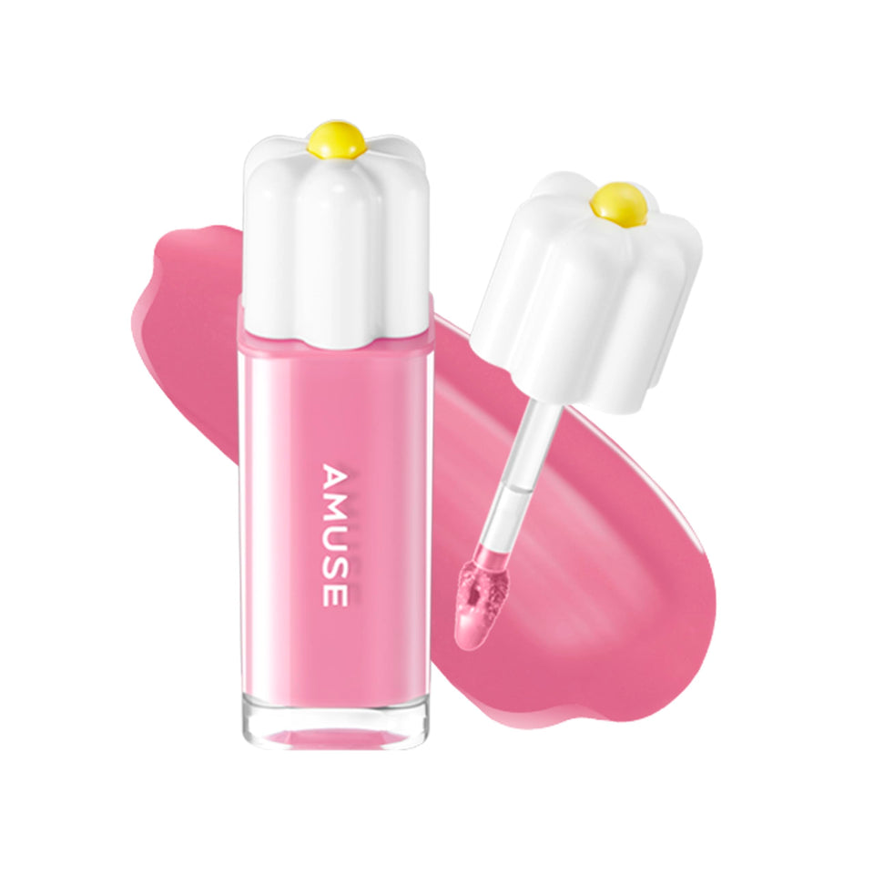 Amuse Seoul Daisy Flower Dew Tint amethyst bottle showing hydrating shine and vivid color